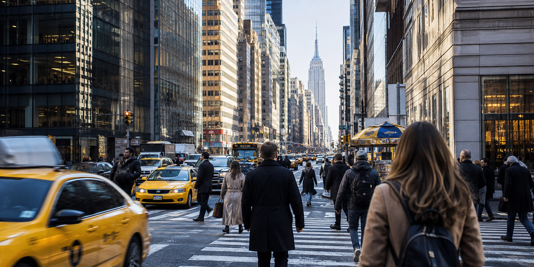 New York caddesinde trafik ve yayalar