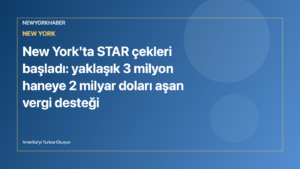 NewYorkHaber için hazırlanmış editoryal görsel: vergi desteği çeki ve New York konut silüeti.